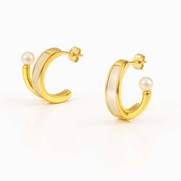 ✨ 18K Gold Plated Mother of Pearl & Real Pearl Hoop Earrings Silver 925 — Made in Italy ✨