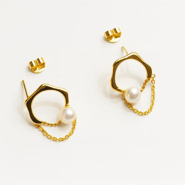 ✨ 18K Gold Plated Wavy Pearl Chain Earrings Silver 925✨